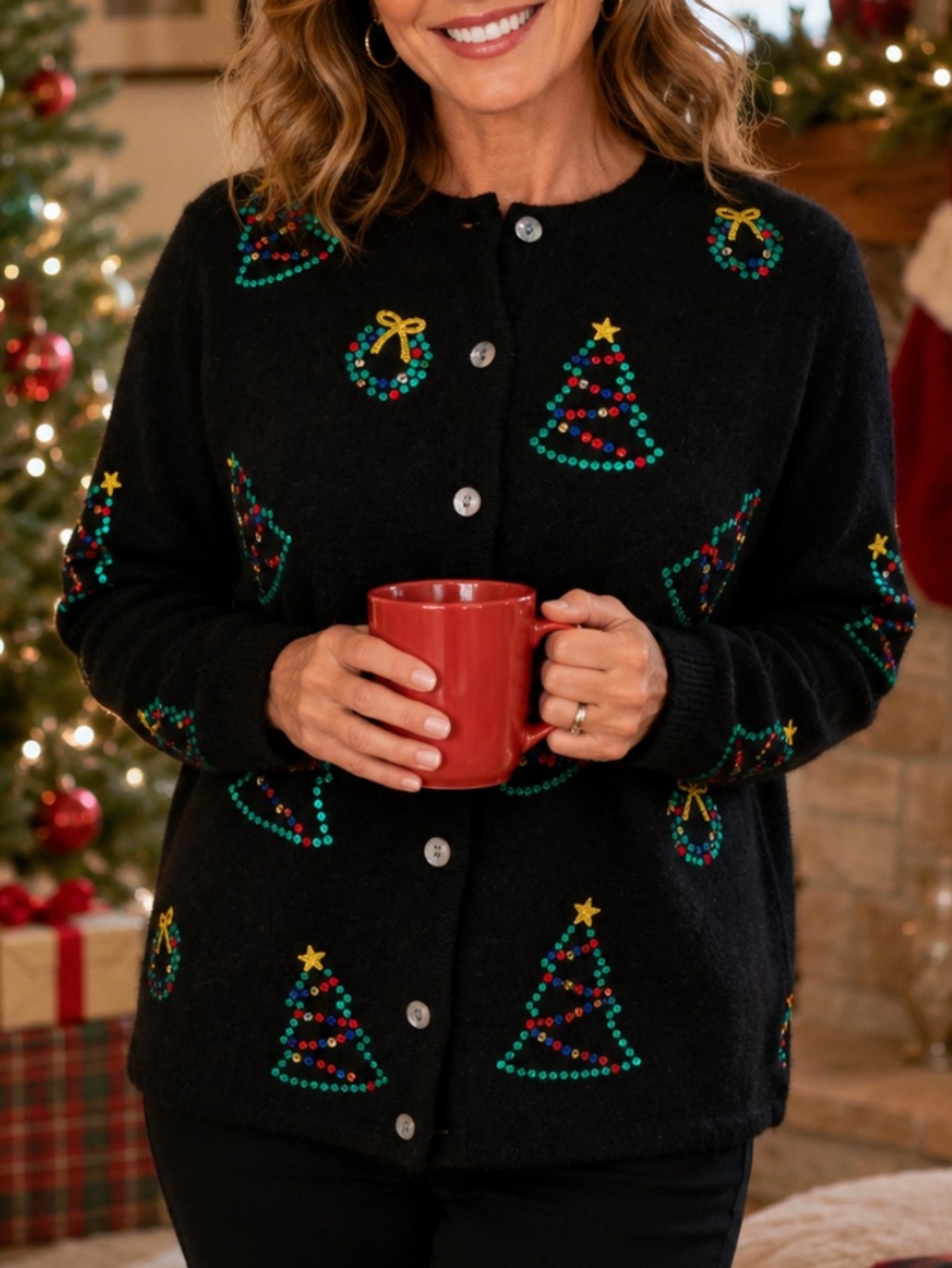 Black Holiday Cardigan Sequins Christmas Trees Wreaths 100% Wool size Small